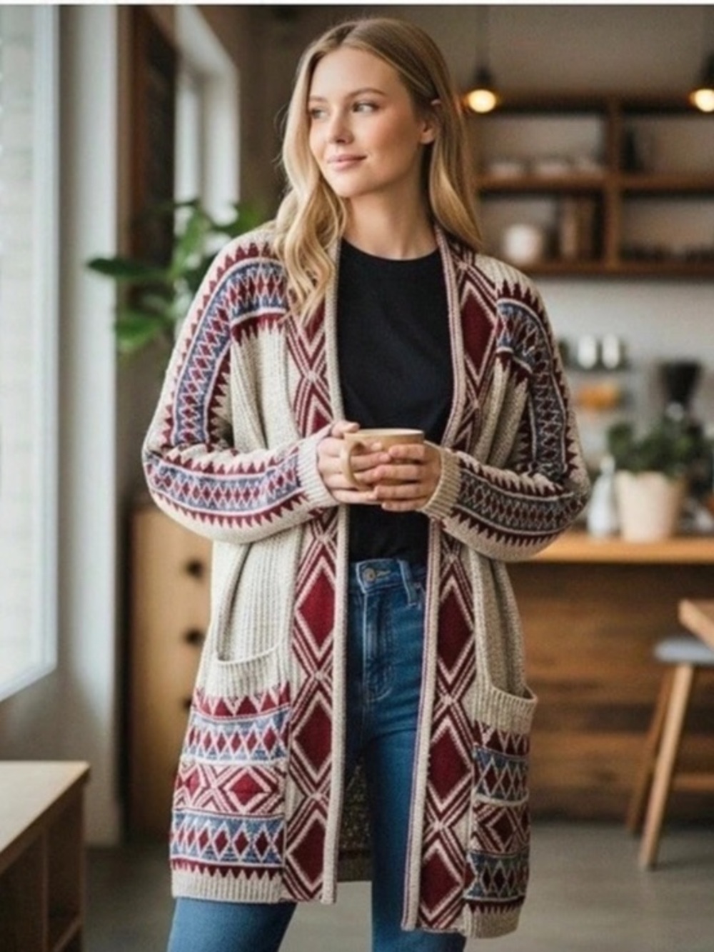 LUCKY BRAND Open Front Aztec Print Cardigan Sweater Boho Tribal Southwestern 2X